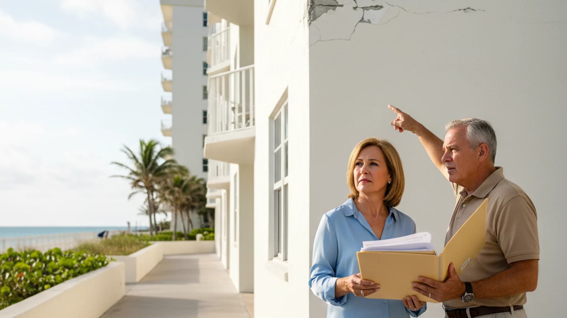 Two Florida condo board members discussing a property claim file on an oceanfront walkway next to their building