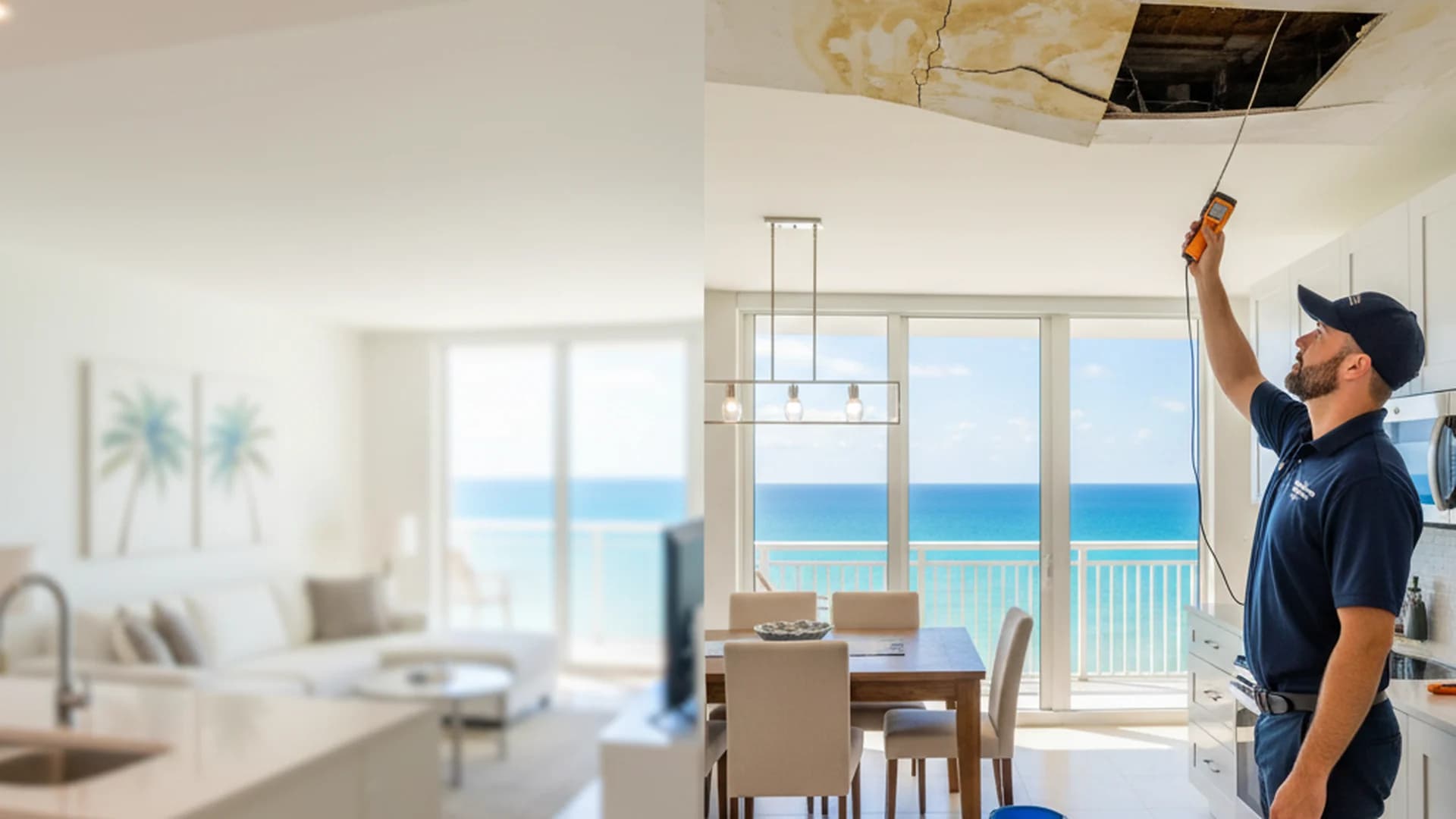 Florida condo unit interior with ceiling water damage, adjuster using a moisture meter near a sliding door