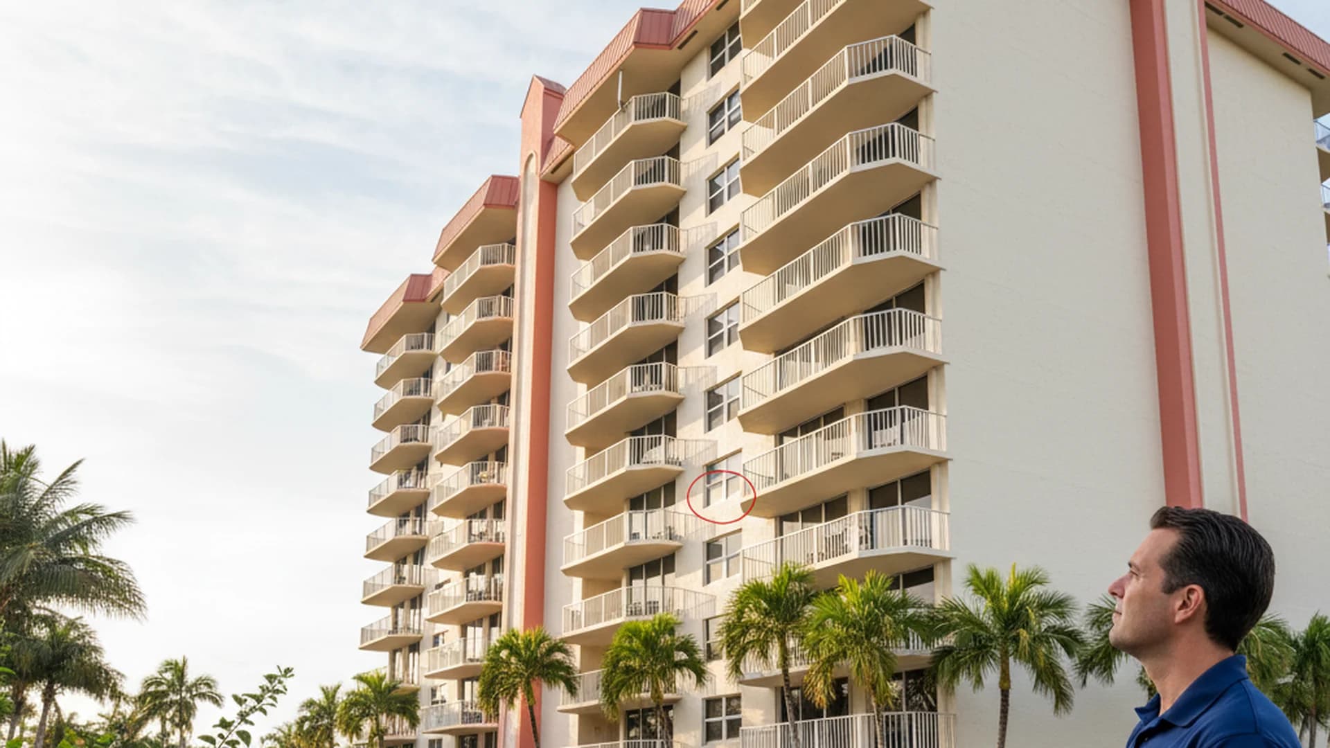 Florida mid-rise condominium tower with a public adjuster documenting building damage from the ground level