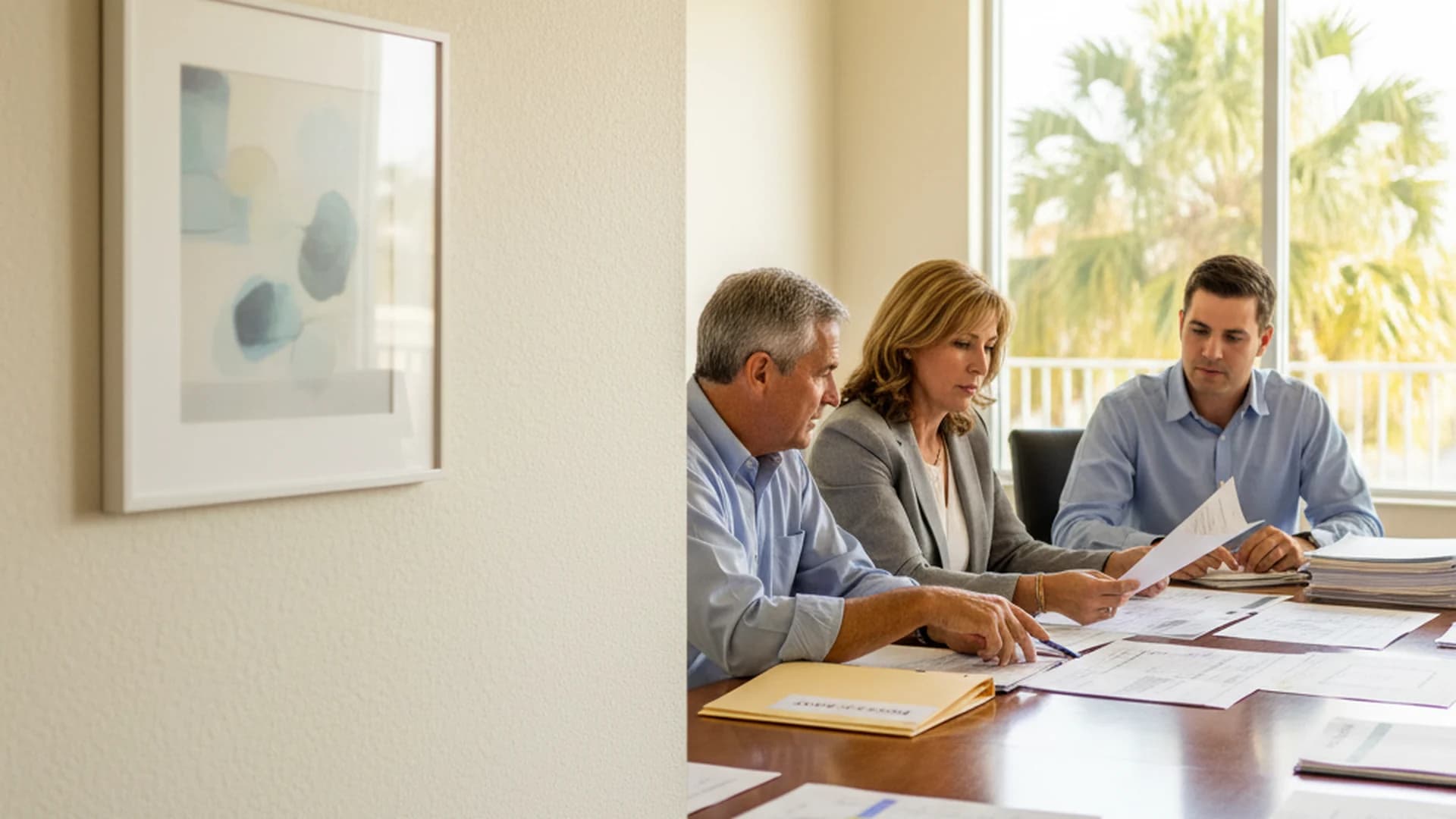 Florida condo association board members reviewing repair bids and a reserve study in a clubhouse meeting room
