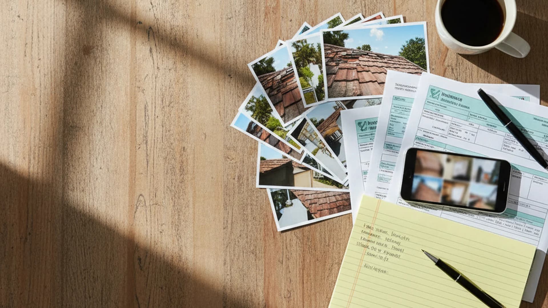Organized Florida property-claim documentation set on a wooden desk — declarations page, damage photos, claim journal, smartphone, coffee