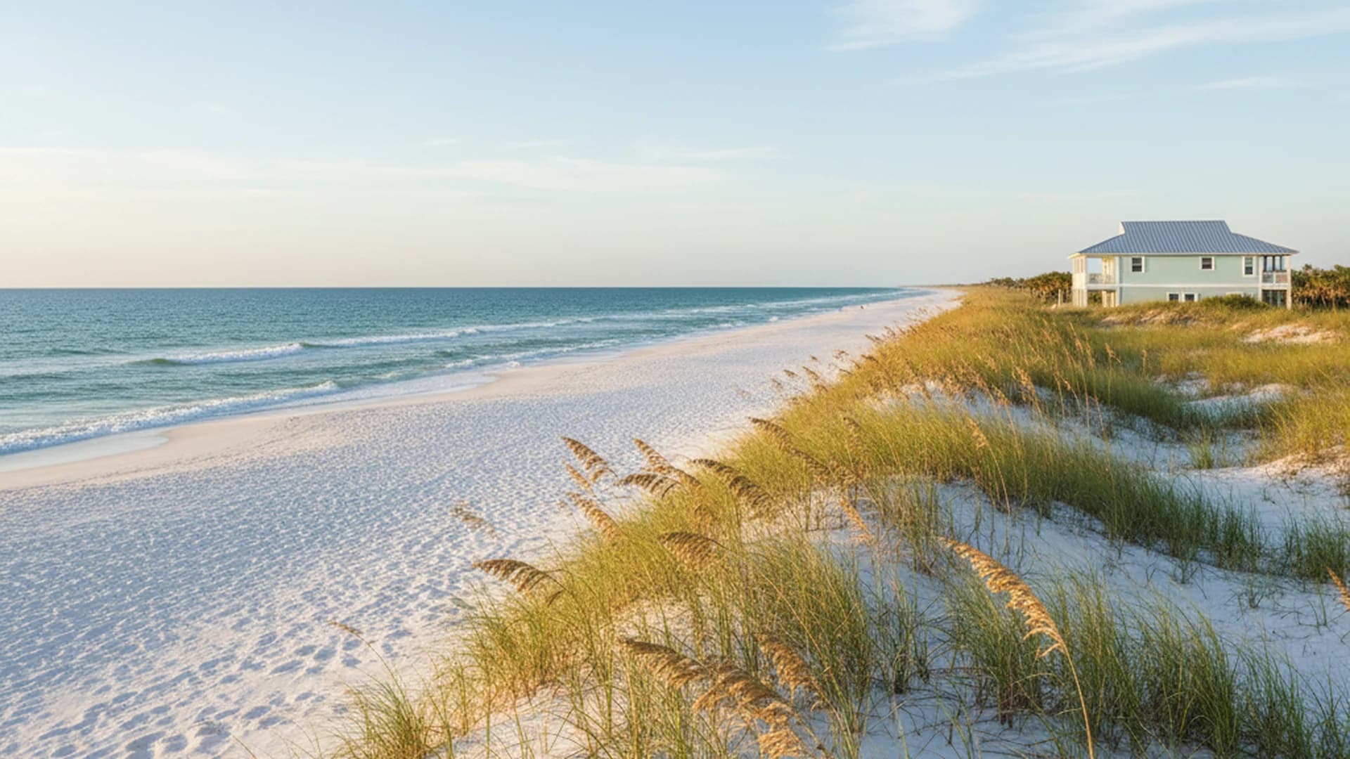 Florida Panhandle Gulf coast with white quartz sand, turquoise Gulf water, and a single pastel beach house behind the dunes
