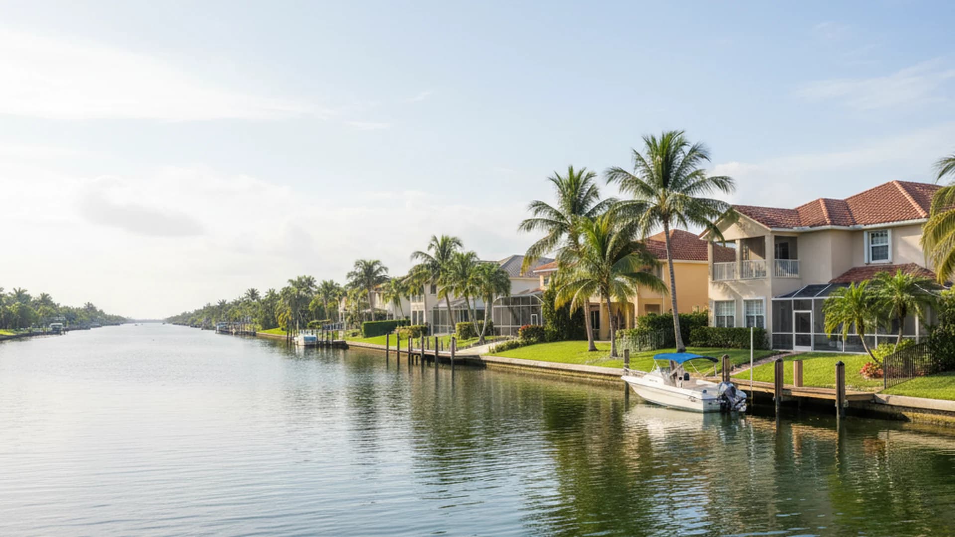 Southwest Florida canal-front residential neighborhood with stucco homes, tile roofs, and private docks