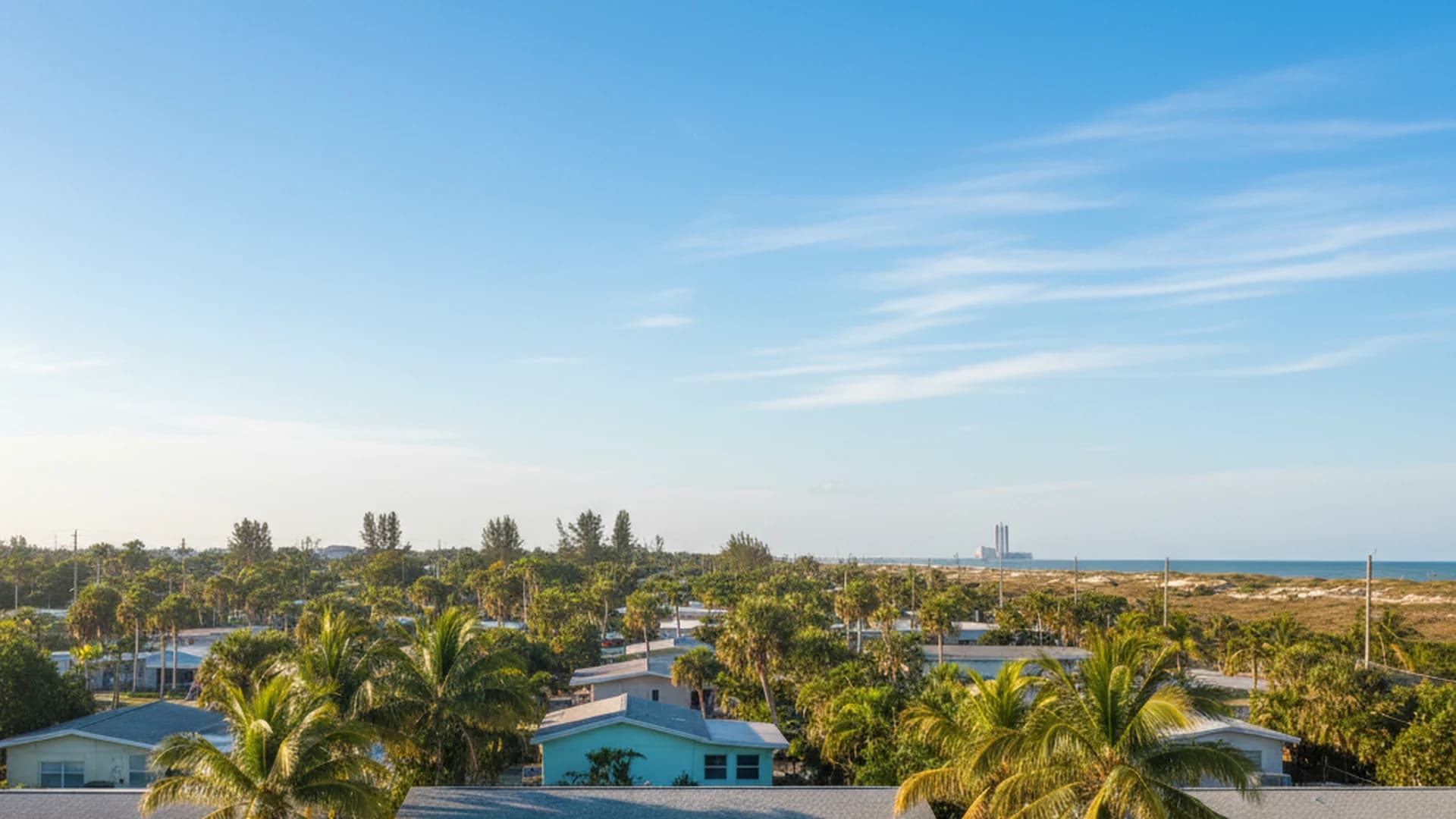 Florida Space Coast residential neighborhood near Cocoa Beach with palm trees and a distant view of Cape Canaveral