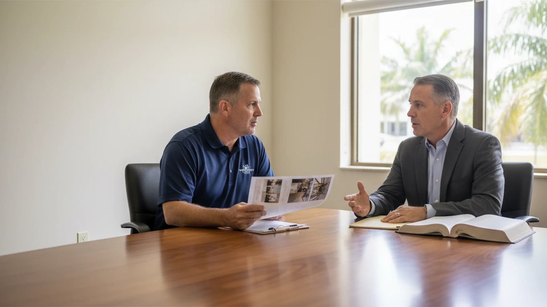 Florida public adjuster and first-party insurance attorney reviewing a claim file across a conference table