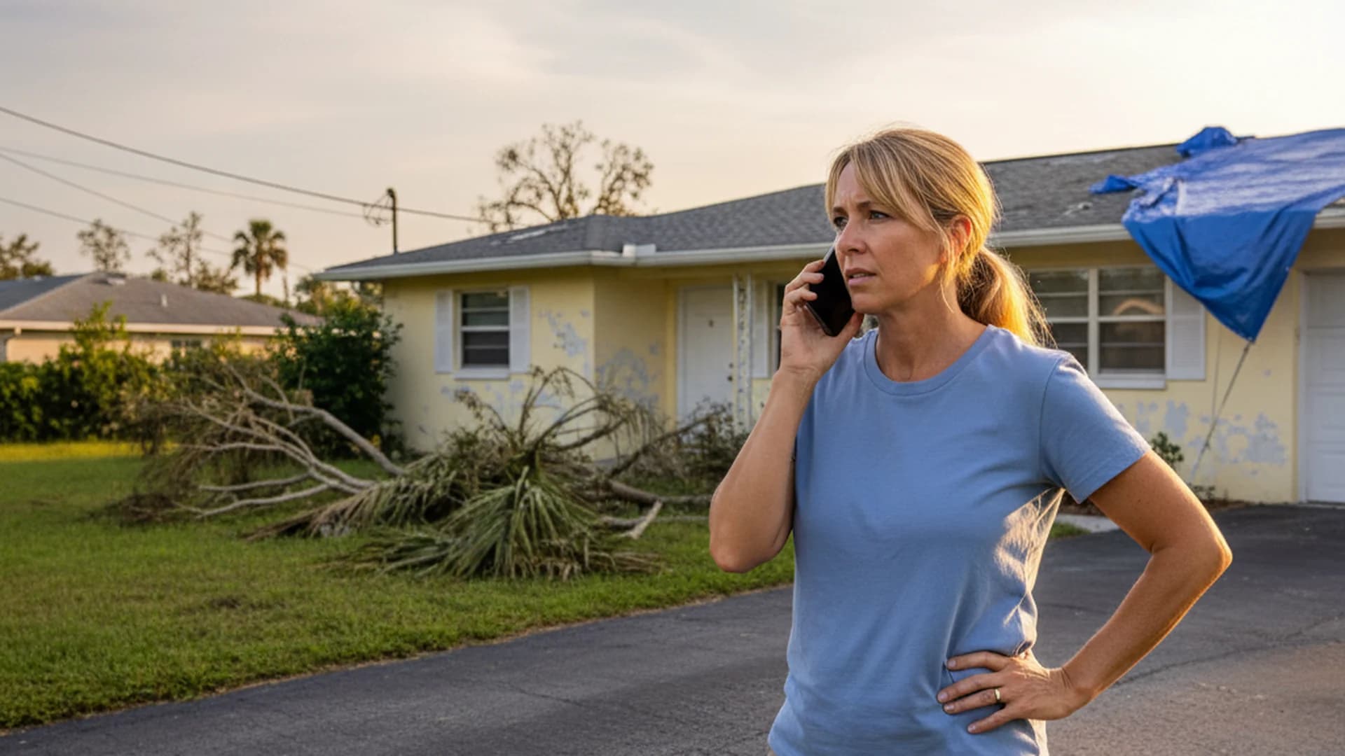 Florida homeowner on the phone in front of a storm-damaged home deciding whether to call a public adjuster, contractor, or attorney