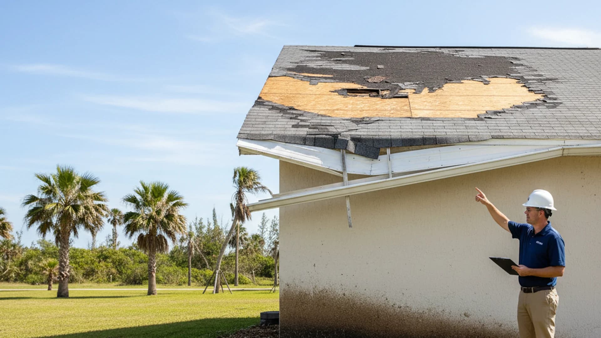 Florida coastal home with hurricane wind damage on the roof and storm-surge waterline on the lower stucco — adjuster pointing at the wind damage