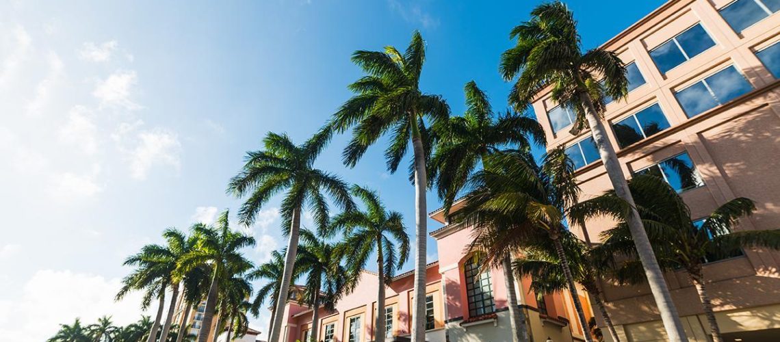 Palm trees and elegant buildings in West Palm Beach. Florida, USA